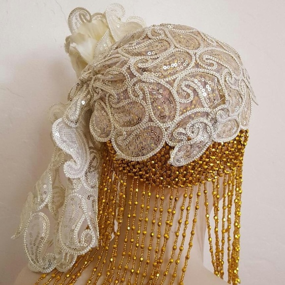 Gatsby 20's Gold Ivory Sequin Lace Headpiece - Picture 3 of 7